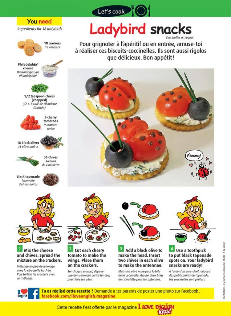 “Ladybird snacks”, I Love English for Kids, n° 327, mai 2020 - Photos : F. Sesboüé. Illustrations : Clémence Lallemand.