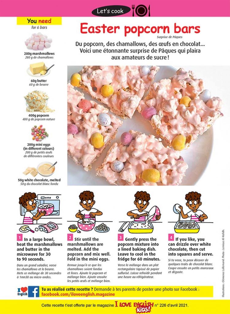 Recette Easter popcorn bars. Illustrations : Clémence Lallemand. Photo : Lemisse Al-Hafidh.