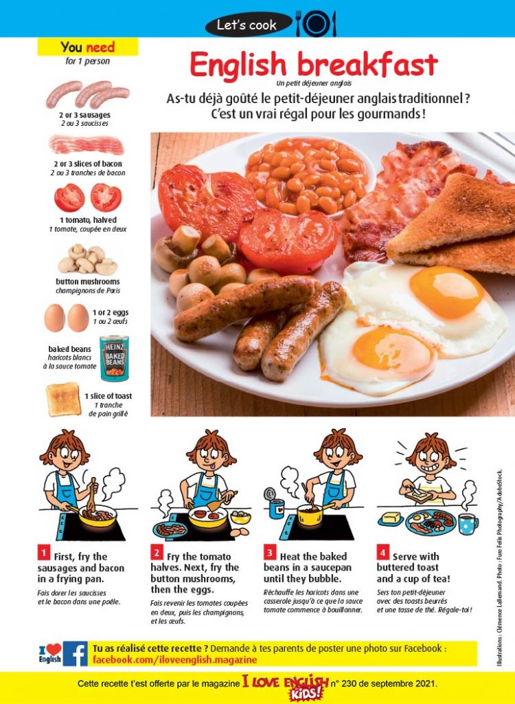 Recette en anglais : “English breakfast”. Illustrations : Clémence Lallemand. Photo : Furo Felix Photography/AdobeStock.