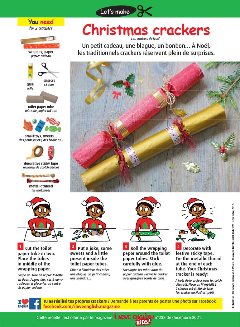 © Illustrations : Clémence Lallemand. Photo : Maureen Nicolas. Christmas crackers. I Love English for Kids n°233, décembre 2021. 