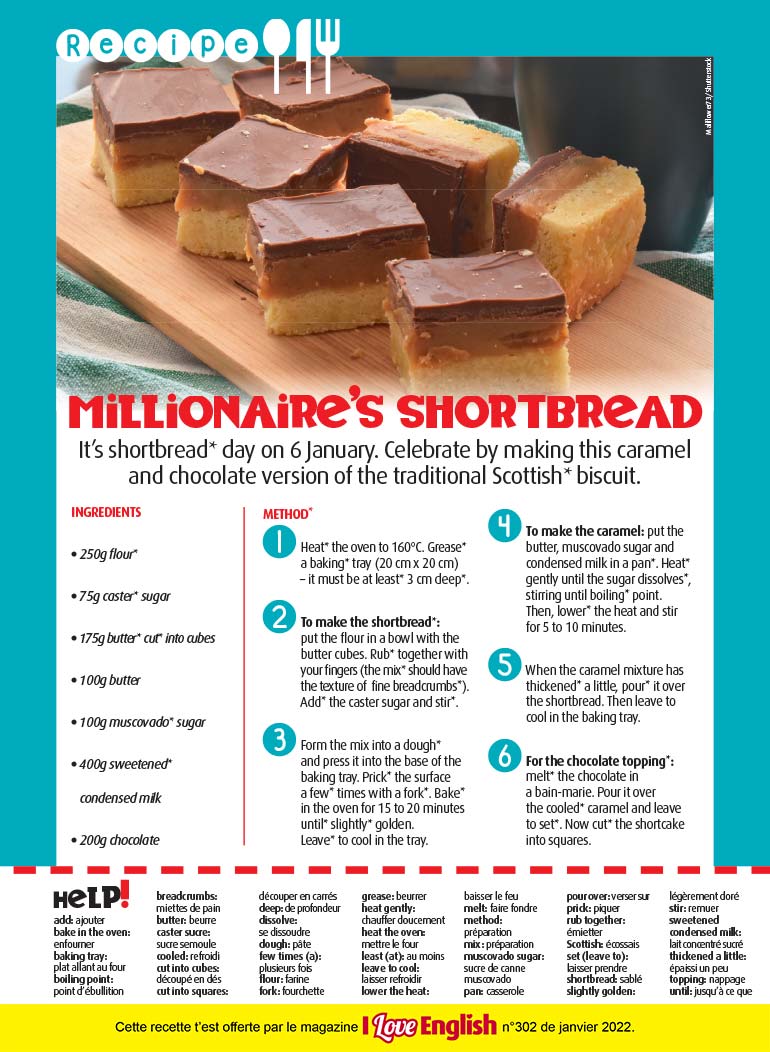 © “Millionaire’s shortbread”, I Love English n°302, janvier 2022. Photo : Maliflower73/Shutterstock.