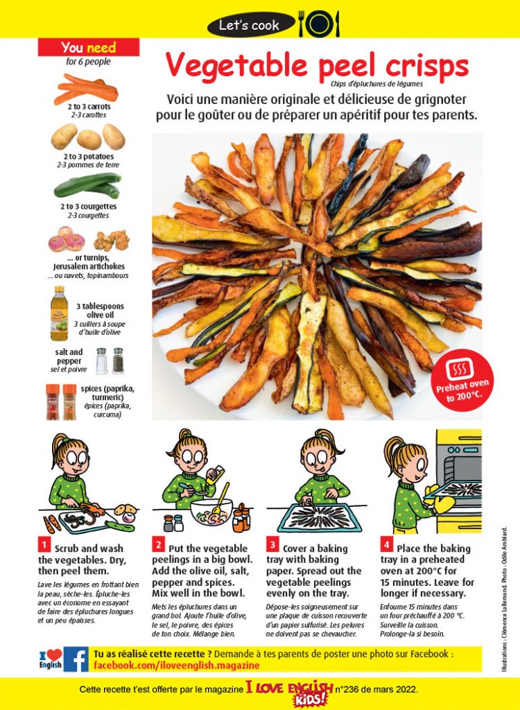 “Vegetable peel crisps”, I Love English for Kids! n°236, mars 2022. Photo : Odile Amblard. Illustrations : Clémence Lallemand. 