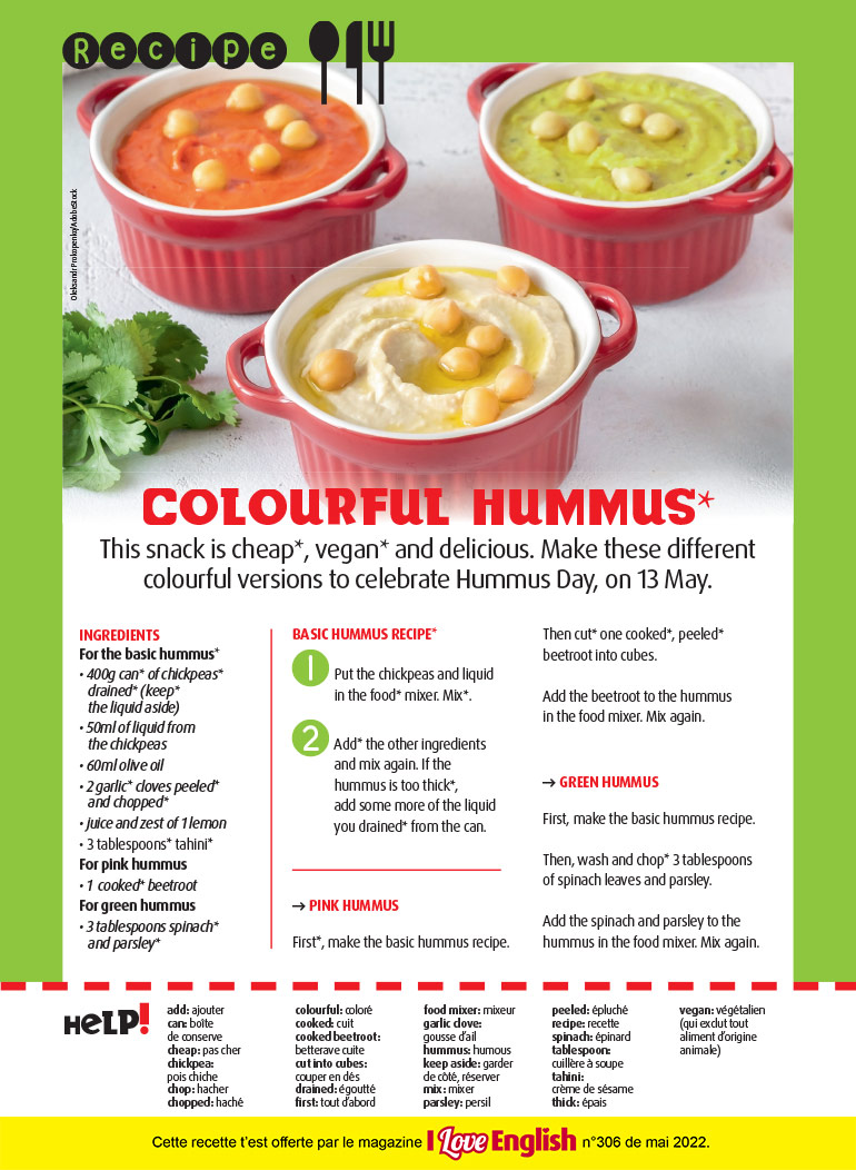 Recette : “Colourful hummus”, I Love English n°306, mai 2022. Photo : Oleksandr Prokopenko/AdobeStock.