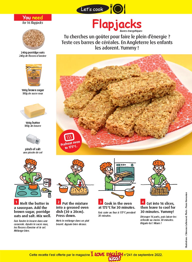 “Flapjacks”, I Love English for Kids! n°241, septembre 2022. Illustrations : Clémence Lallemand. Photo : Pierre Hovnanian.