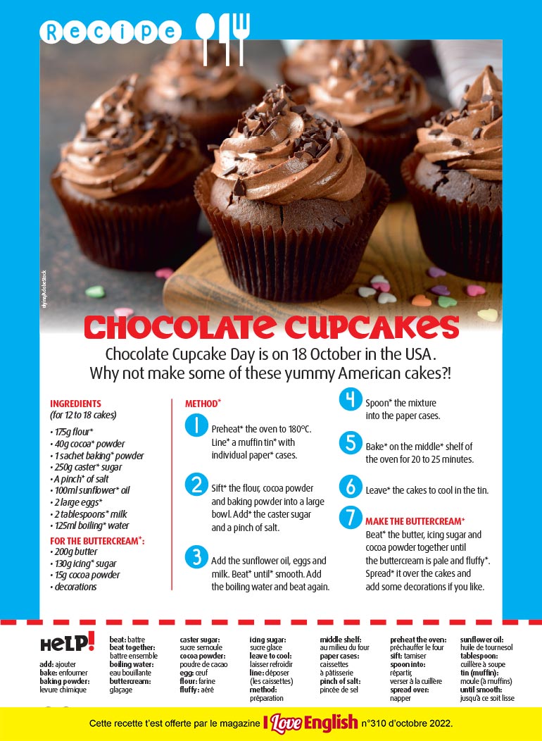 “Chocolate cupcakes”, I Love English n°310, octobre 2022. Photo : olyina/AdobeStock.