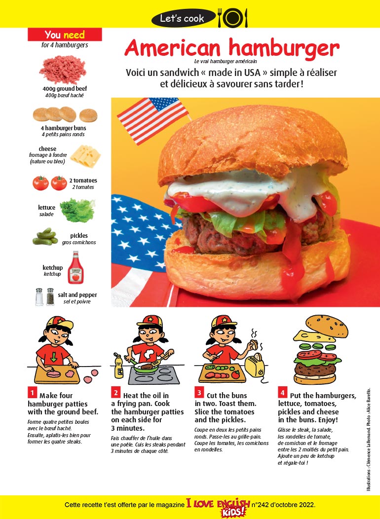 “American hamburger”, I Love English for Kids! n°242, octobre 2022. Illustrations : Clémence Lallemand. Photo : Alice Baretto.