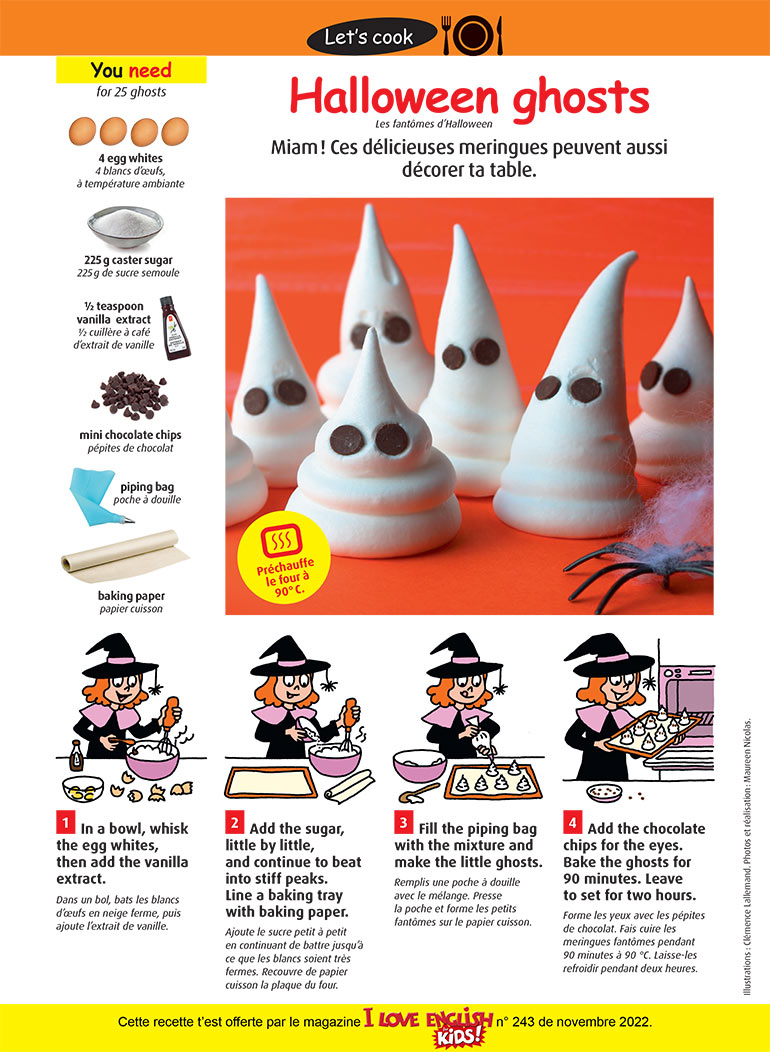Halloween ghosts, I Love English for Kids! n°243, novembre 2022. Illustrations : Clémence Lallemand. Photo : Maureen Nicolas.