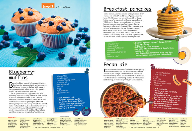 Great american recipes : Blueberry muffins, Breakfast pancakes, Pecan pie. I Love English World n°355, décembre 2022.