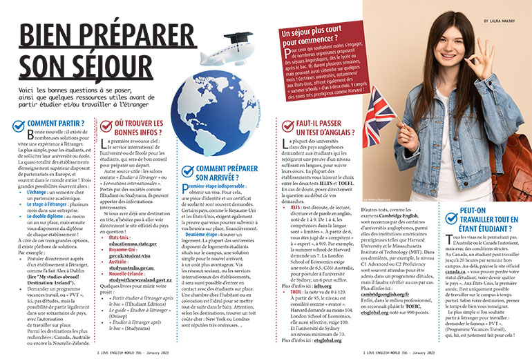 “Bien préparer son séjour”, article extrait du magazine I Love English World n°356, 1er janvier 2023. Texte : Laura Makary. Photos : ArtBackground/Shutterstock - Luis Molinero/Shutterstock