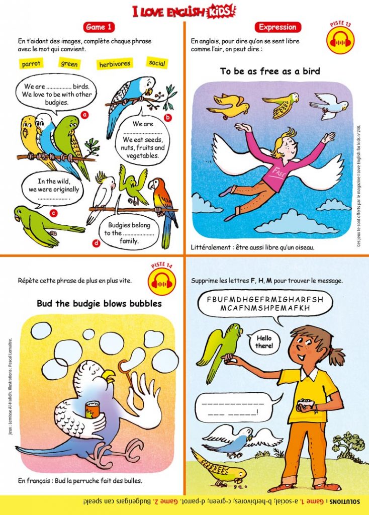 Jeux en anglais : les perruches. Jeux : Lemisse Al-Hafidh. Illustrations : Pascal Lemaître. I Love English for Kids n°248, avril 2023.