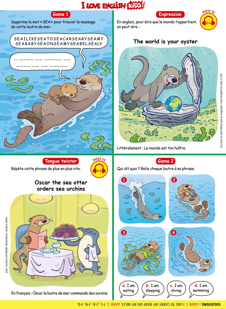 Jeux en anglais : la loutre. Illustration : Illustrations : Jérôme Anfré. I Love English for Kids n°249, mai 2023.