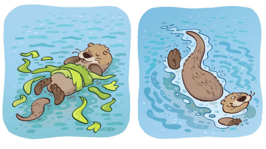 Jeux en anglais : la loutre. Illustration : Illustrations : Jérôme Anfré. I Love English for Kids n°249, mai 2023.