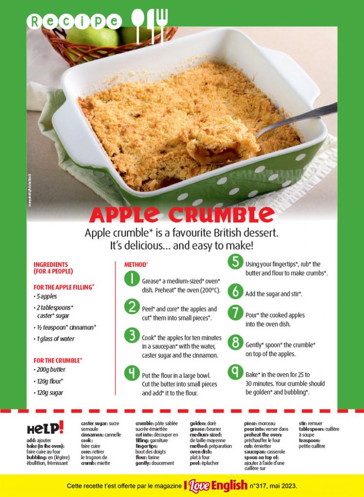 Apple crumble, I Love English n°317, mai 2023. Photo : manyakotic/AdobeStock.