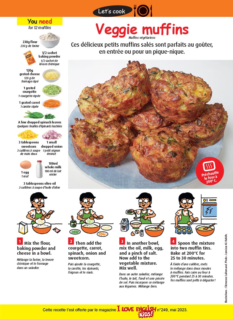 Veggie muffins, I Love English for Kids! n°249, mai 2023. Illustrations : Clémence Lallemand. Photo : Lemisse Al-Hafidh.