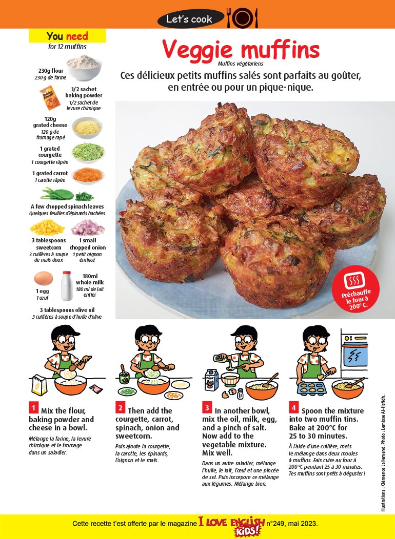 Veggie muffins, I Love English for Kids! n°249, mai 2023. Illustrations : Clémence Lallemand. Photo : Lemisse Al-Hafidh.