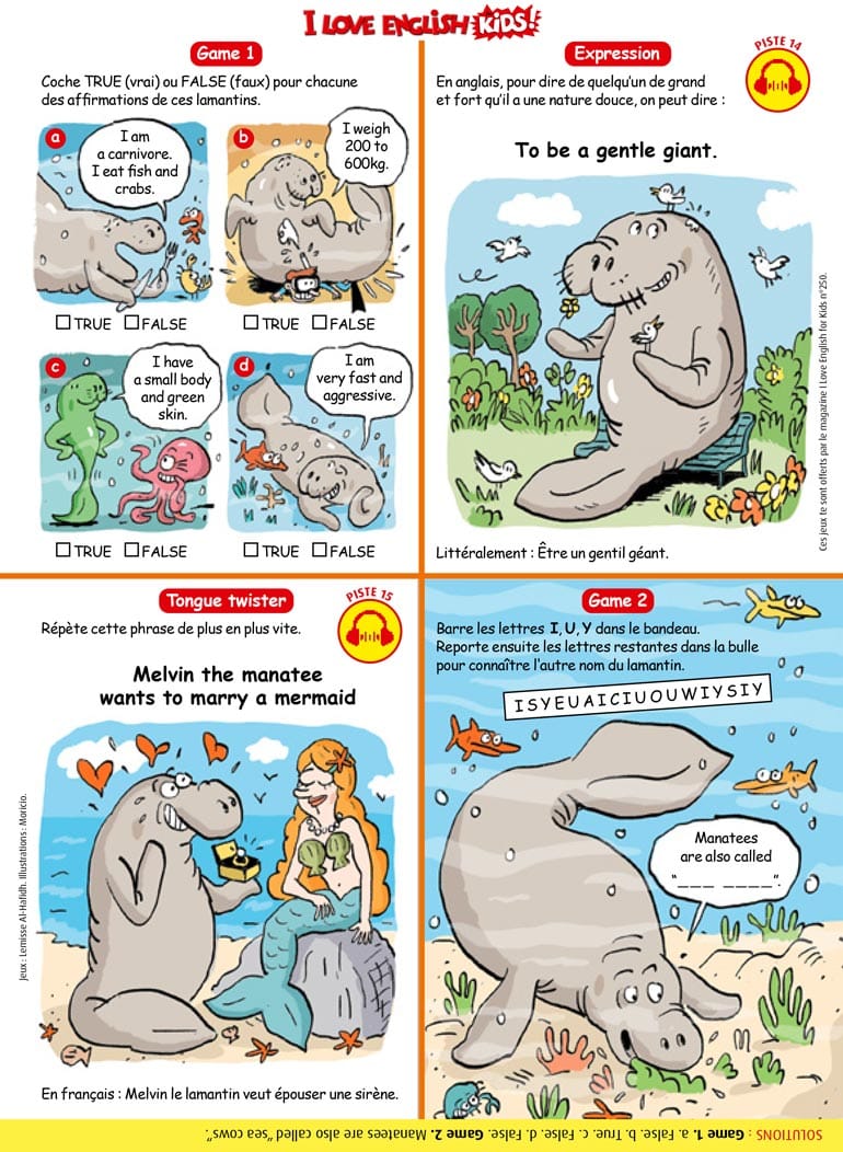 Jeux en anglais : le lamantin. Illustration : Illustrations : Moricio. I Love English for Kids n°250, juin 2023.