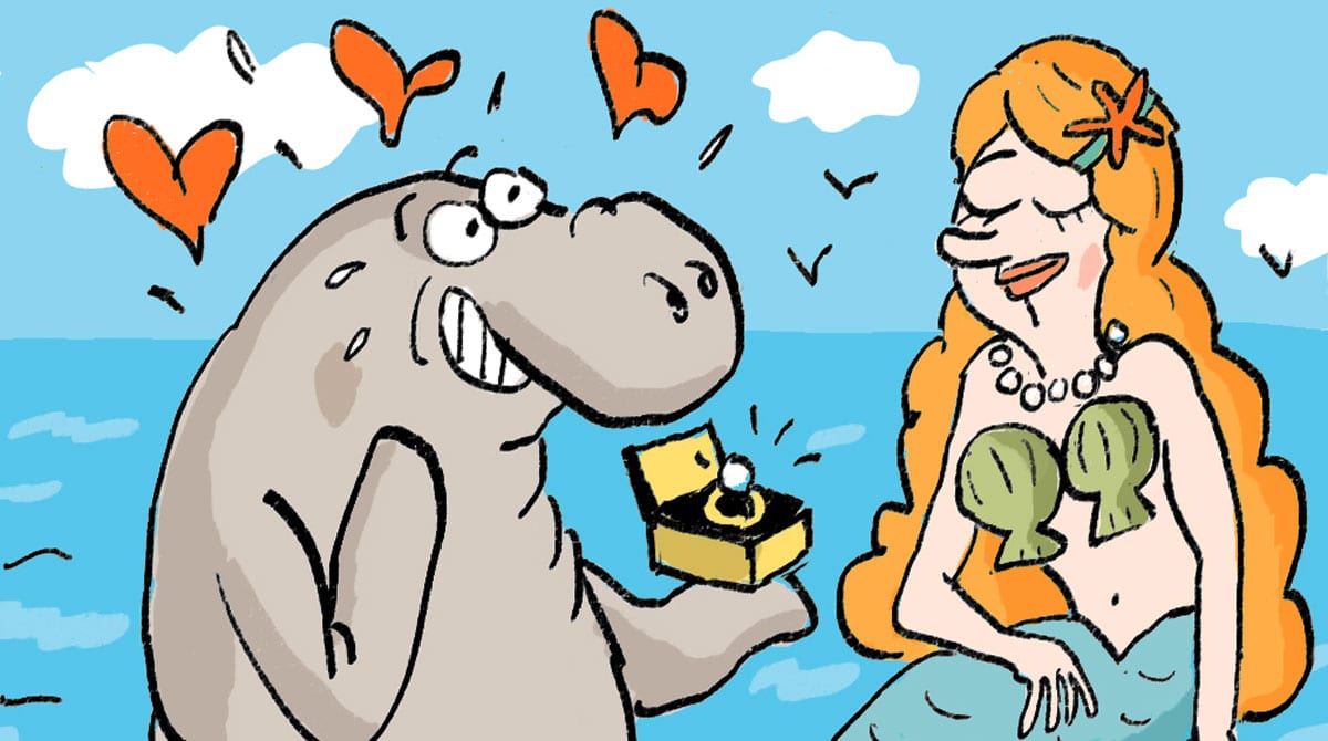 Jeux en anglais : le lamantin. Illustration : Illustrations : Moricio. I Love English for Kids n°250, juin 2023.