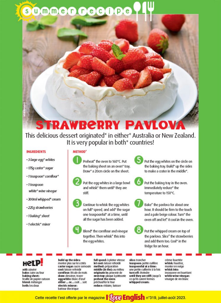 Strawberry Pavlova, I Love English n°319, juillet-août 2023. Photo : voltan/AdobeStock.