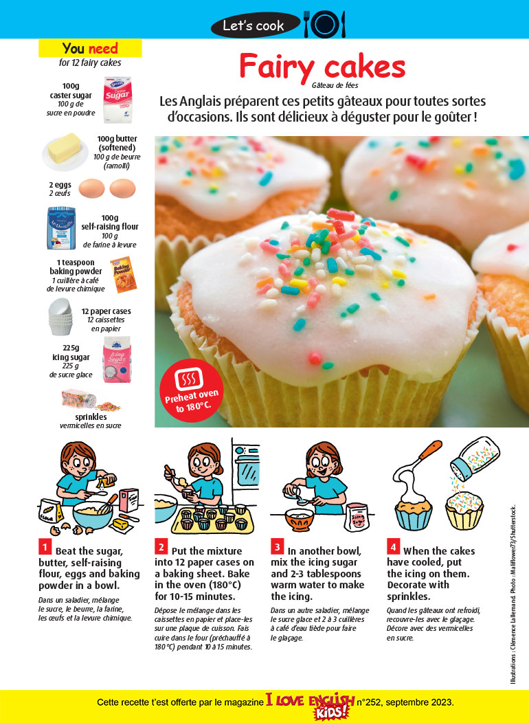 Fairy cakes, I Love English for Kids! n°252, septembre 2023. Illustrations : Clémence Lallemand. Photo : Maliflower73/Shutterstock.