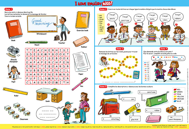 Vocabulaire et jeux en anglais pour la rentrée. Illustrations : Peter Elliott. I Love English for Kids n°252, septembre 2023.