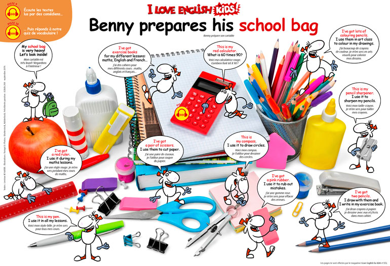 “Benny prepares his school bag" : vocabulaire et jeux en anglais pour la rentrée. Extrait du magazine I Love English for Kids n°252, septembre 2023. Illustrations : Yomgui D. Photos : Shutterstock, AdobeStock.