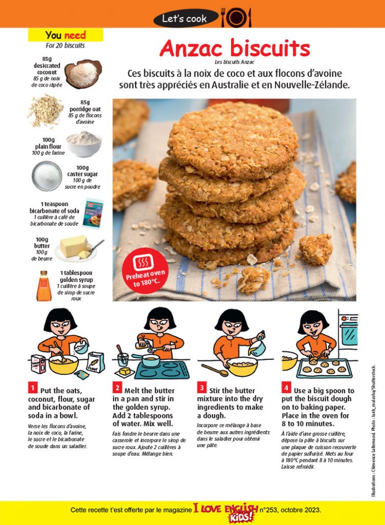 Anzac biscuits, I Love English for Kids! n°253, octobre 2023. Illustrations : Clémence Lallemand. Photo : larik_malasha/Shutterstock.