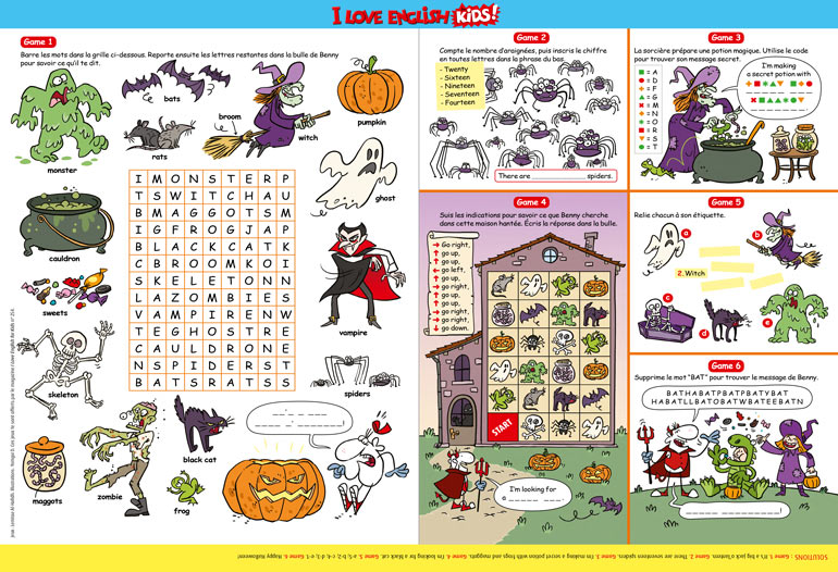 Jeux en anglais pour Halloween - “Benny visits a haunted house! - Games”, I Love English for Kids! n °254, novembre 2023. Jeux : Lemisse Al-Hafidh. Illustrations : Yomgui D.