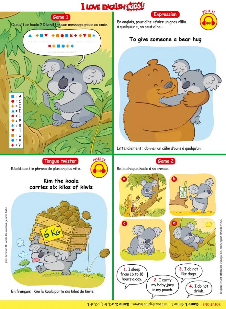 Jeux en anglais : le koala. Textes : Lemisse Al-Hafidh. Illustrations : Jérôme Anfré. I Love English for Kids n°253, octobre 2023.
