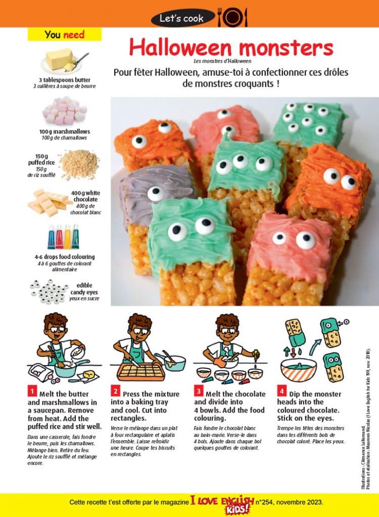 Halloween monsters, I Love English for Kids! n°254, novembre 2023. Illustrations : Clémence Lallemand. Photo : Maureen Nicolas.