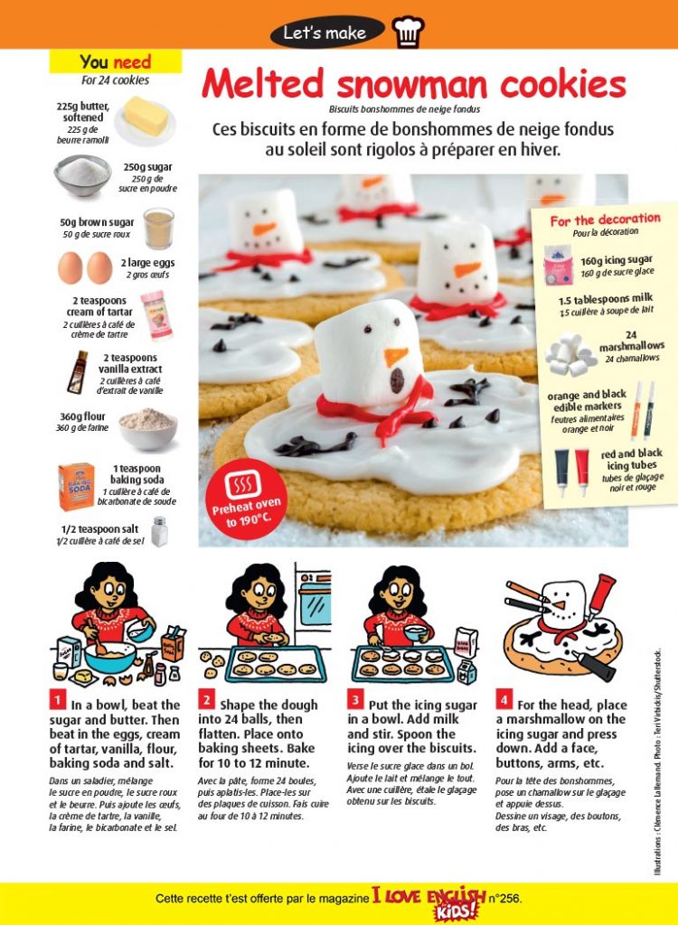 Melted snowman cookies, I Love English for Kids! n°256, janvier 2024. Illustrations : Clémence Lallemand. Photo : Teri Virbickis/Shutterstock.