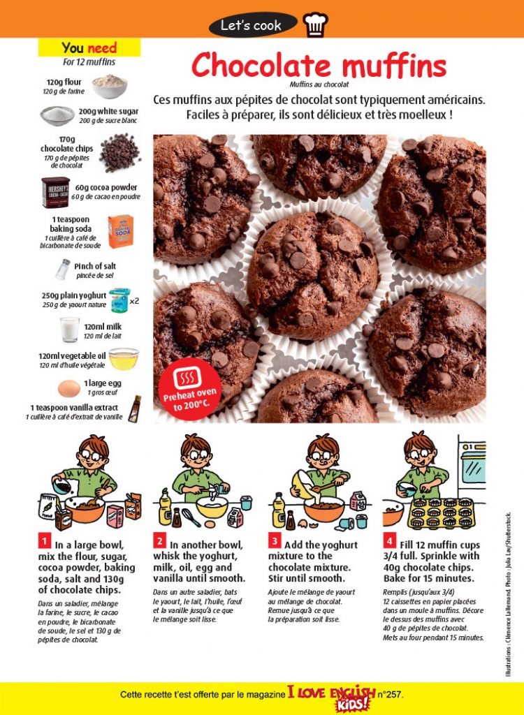 Chocolate muffins, I Love English for Kids! n°257, février 2023. Illustrations : Clémence Lallemand. Photo : Julia Lav/Shutterstock.