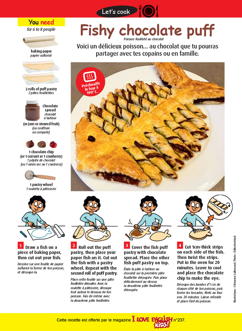 “Fishy chocolate puff”, I Love English for Kids! n°237, avril 2022. Illustrations : Clémence Lallemand. Photo : Odile Amblard.